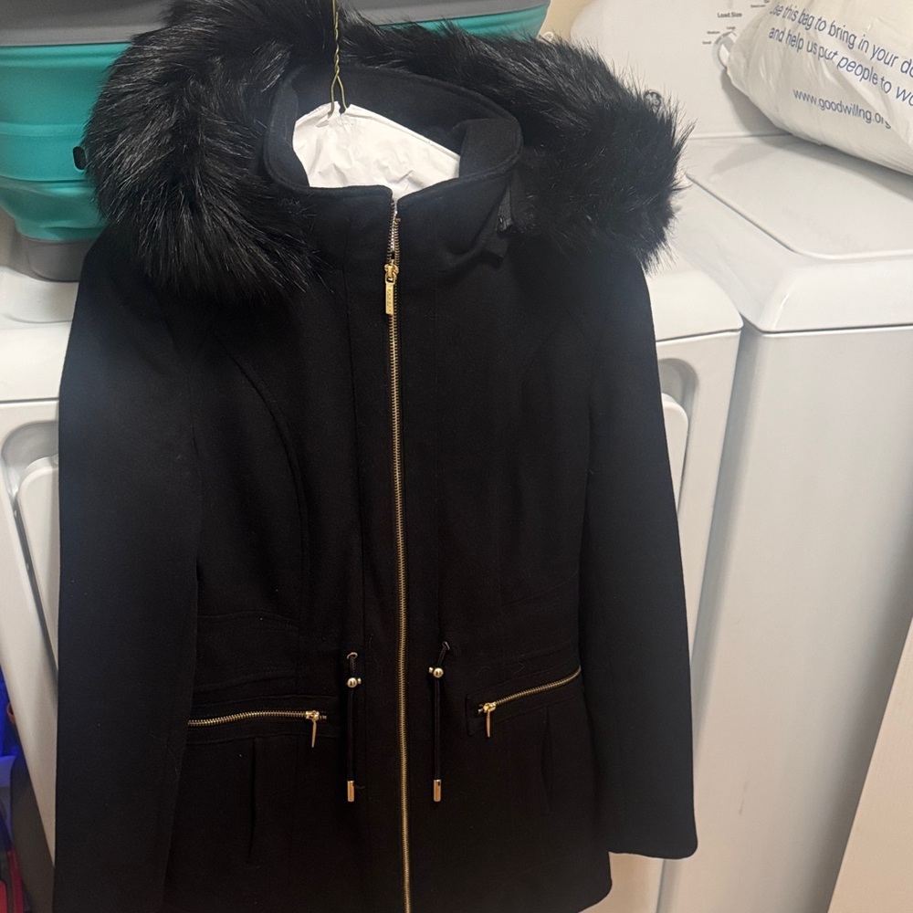 Laundry By Shelli Segal Black Puffer with Faux Fur Hood